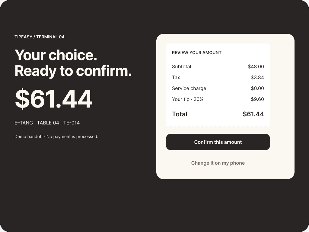 TipEasy terminal — confirm the same bill and amount
